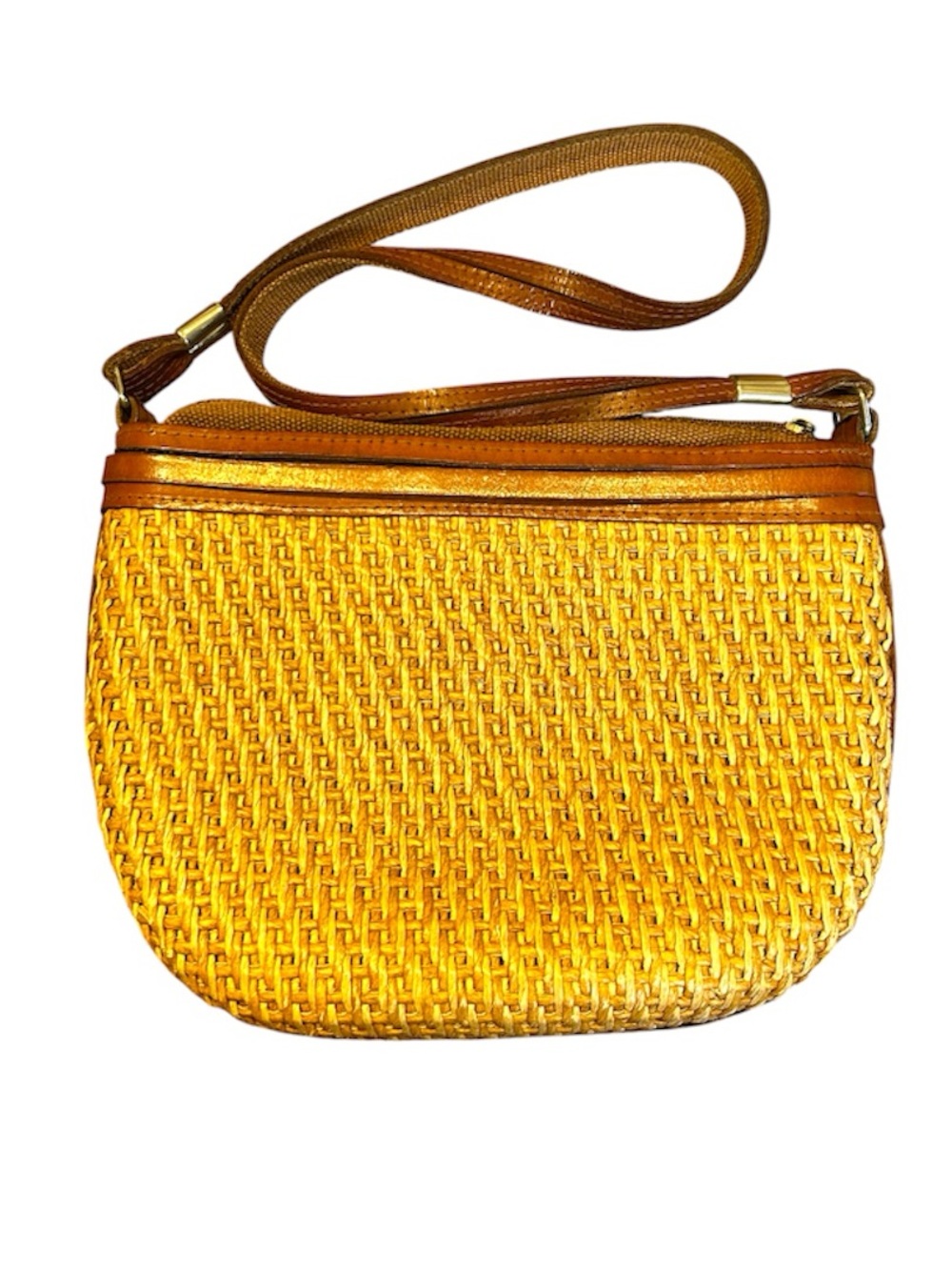 Woven Straw Crossbody Bag with Brown Trim by Design of Italy